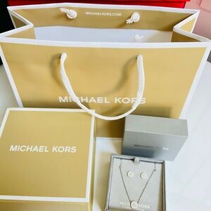 Michael Kors Precious Sterling Silver Pavé Logo Disc Earring/Necklace Set
